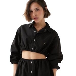 Urban Renewal Ralph Lauren Reworked Cropped Shirt Elastic Hem Black M/L Gorpcore